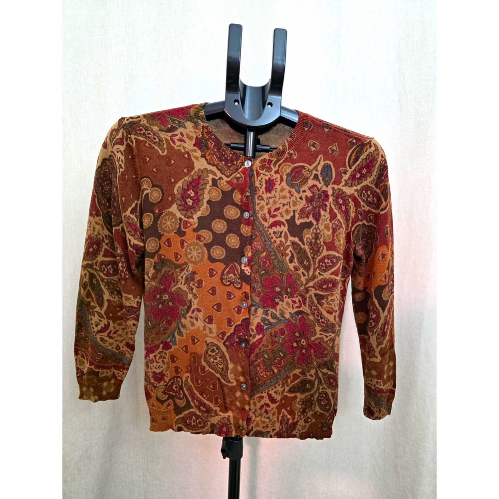 Lauren Ralph Lauren Brown Paisley Silk Cotton Knit Button Cardigan Sweater M